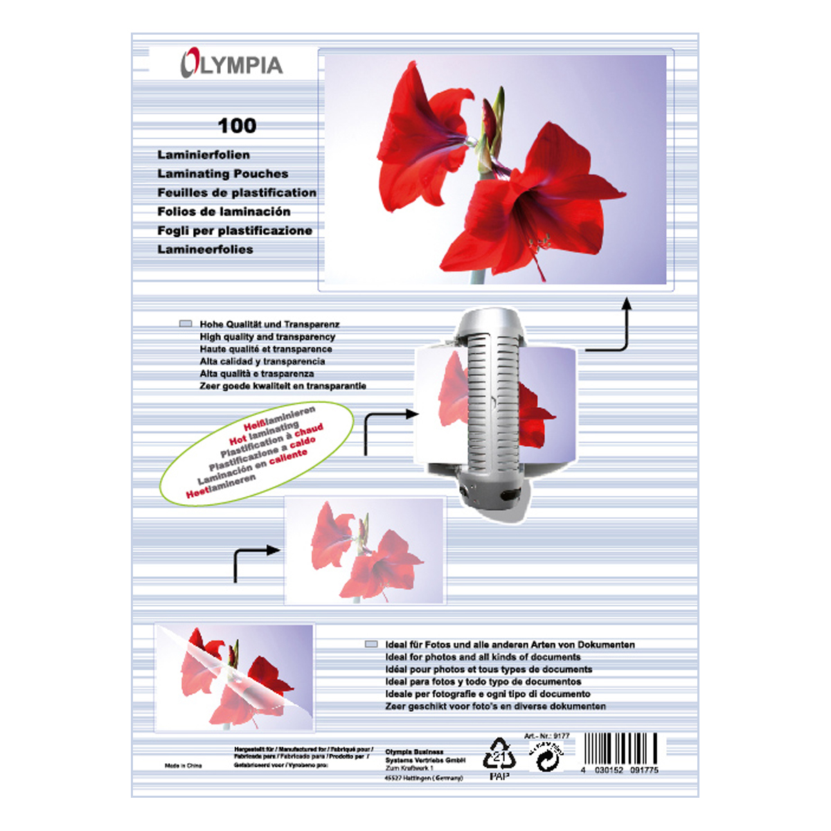 Olympia 9177 Laminierfolien DIN A5, 125µ, 100er Pack, hochtransparent, hohe Qualität