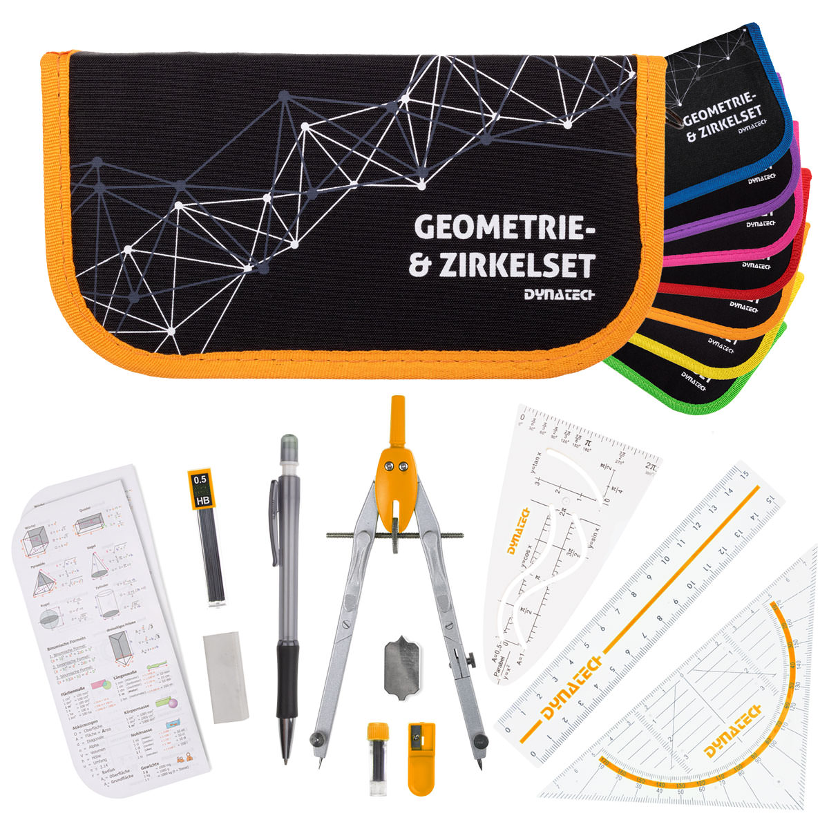 DynaTech Geometrie- und Zirkelset (13-teilig) Etui mit Reißverschluss in orange