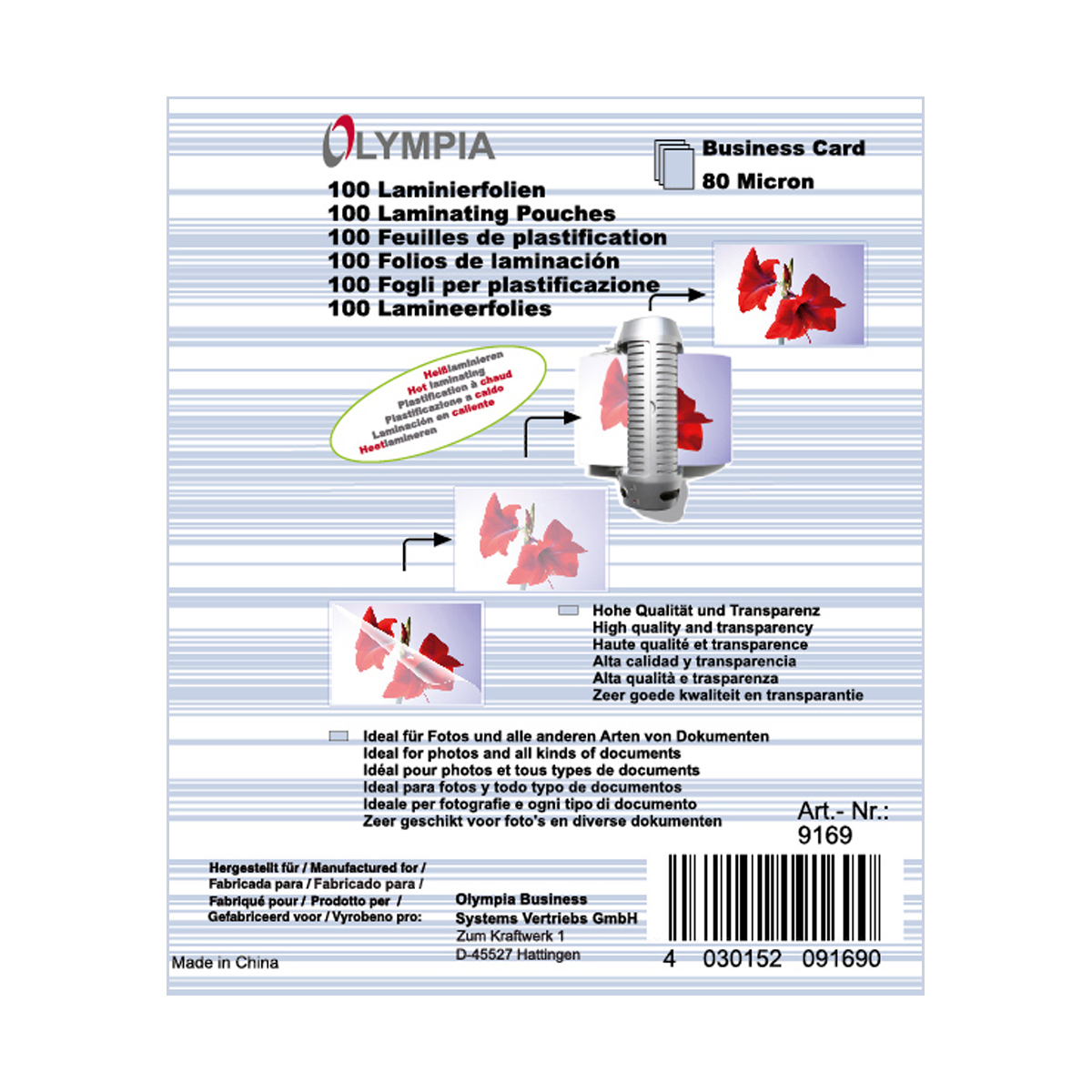 Olympia 9169 Laminierfolien Visitenkarten, 80µ, 100er Pack hochtransparent, hohe Qualität