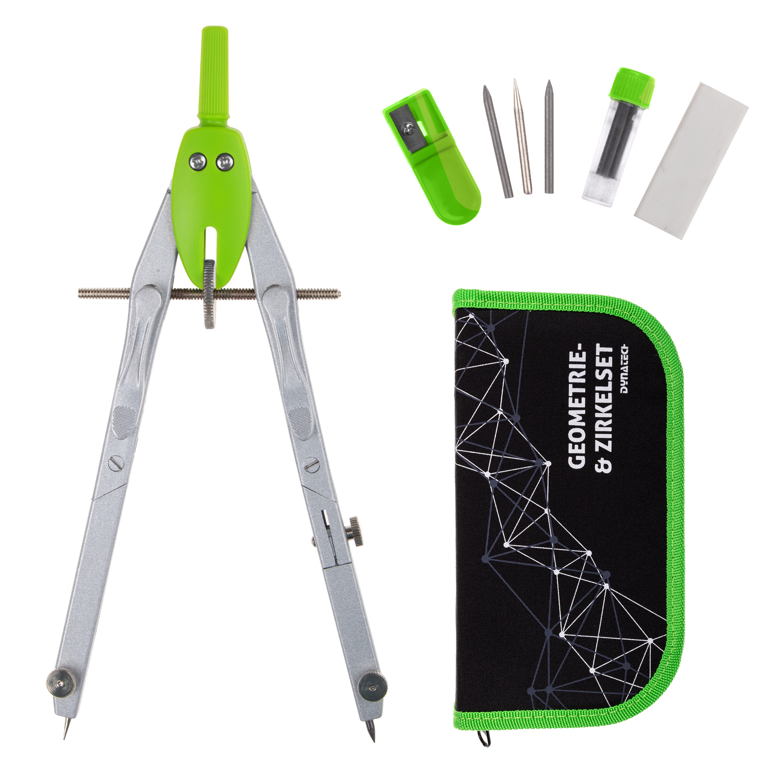 DynaTech Schnellverstellzirkel grün inkl. 2 Ersatzminen, Etui & 10 weiteren Zubehörartikeln