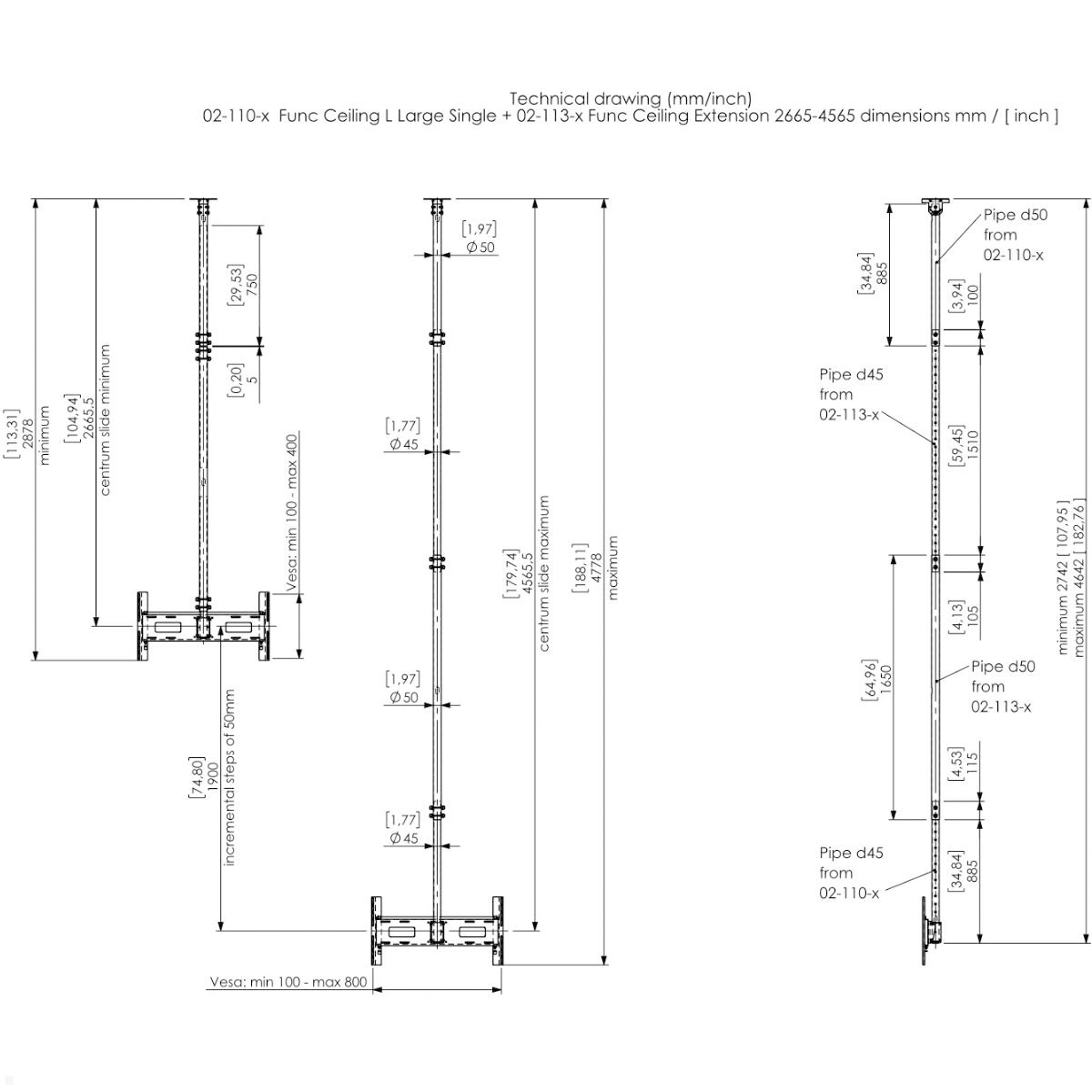 SMS 02-113-4 Höhenverlängerung für Ceiling L Deckenhalterungen, 2665 - 4565 mm, weiß 