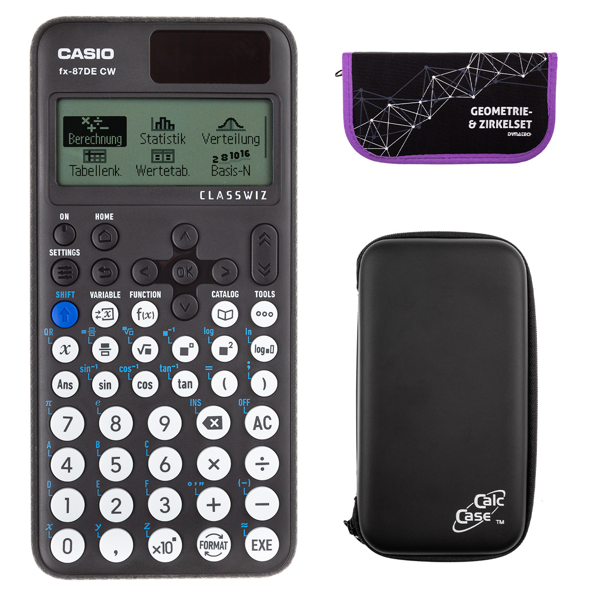 Casio FX-87 DE CW mit CalcCase-Schutztasche und Zirkelset lila