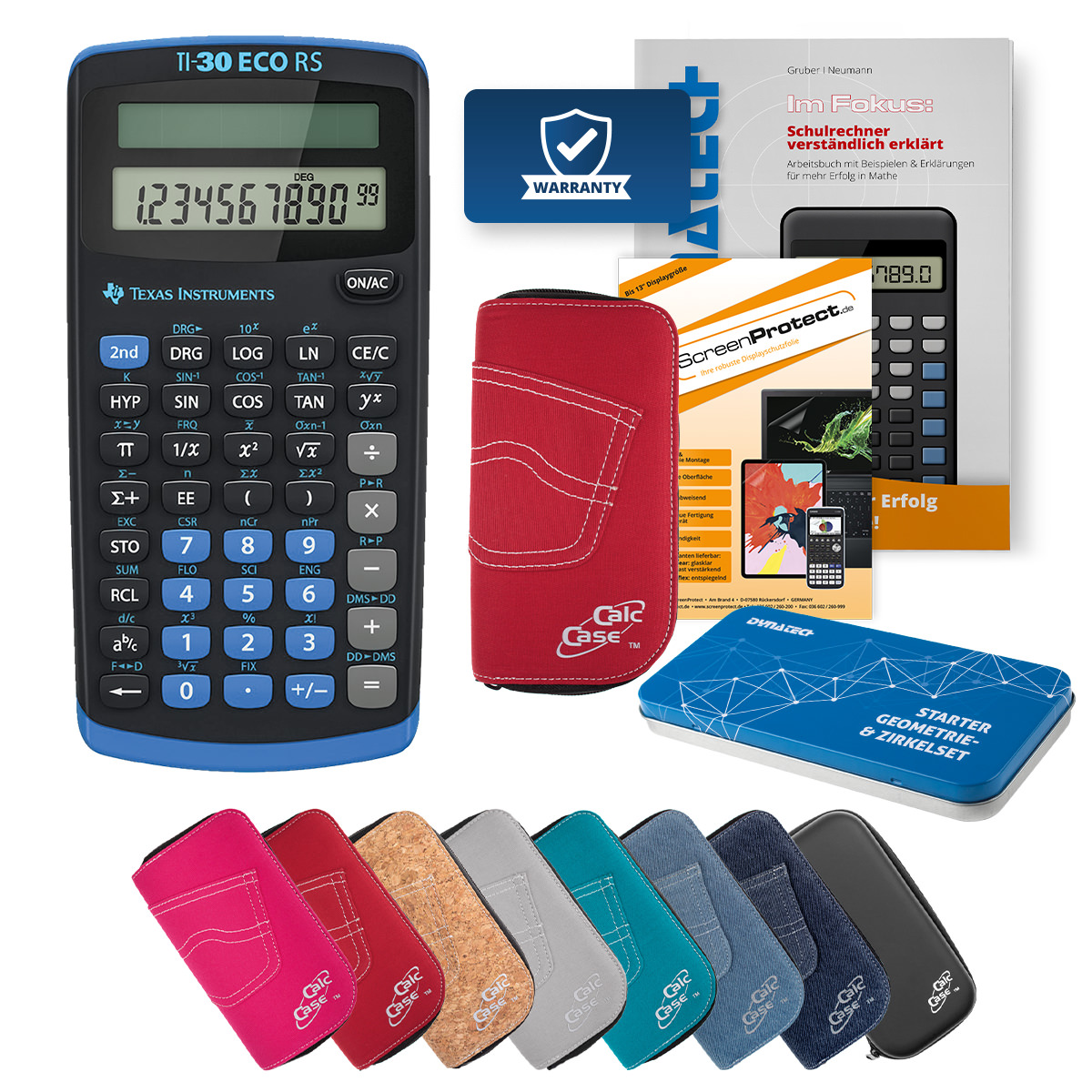 TI-30 ECO RS Rechner mit Tasche rot, Schutzfolie, Fachbuch & Zirkel Set 
