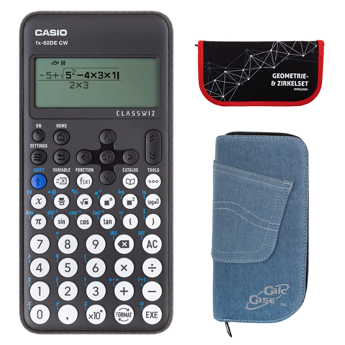 Casio FX-82 DE CW mit Jeans-Tasche hellblau, und Zirkelset rot
