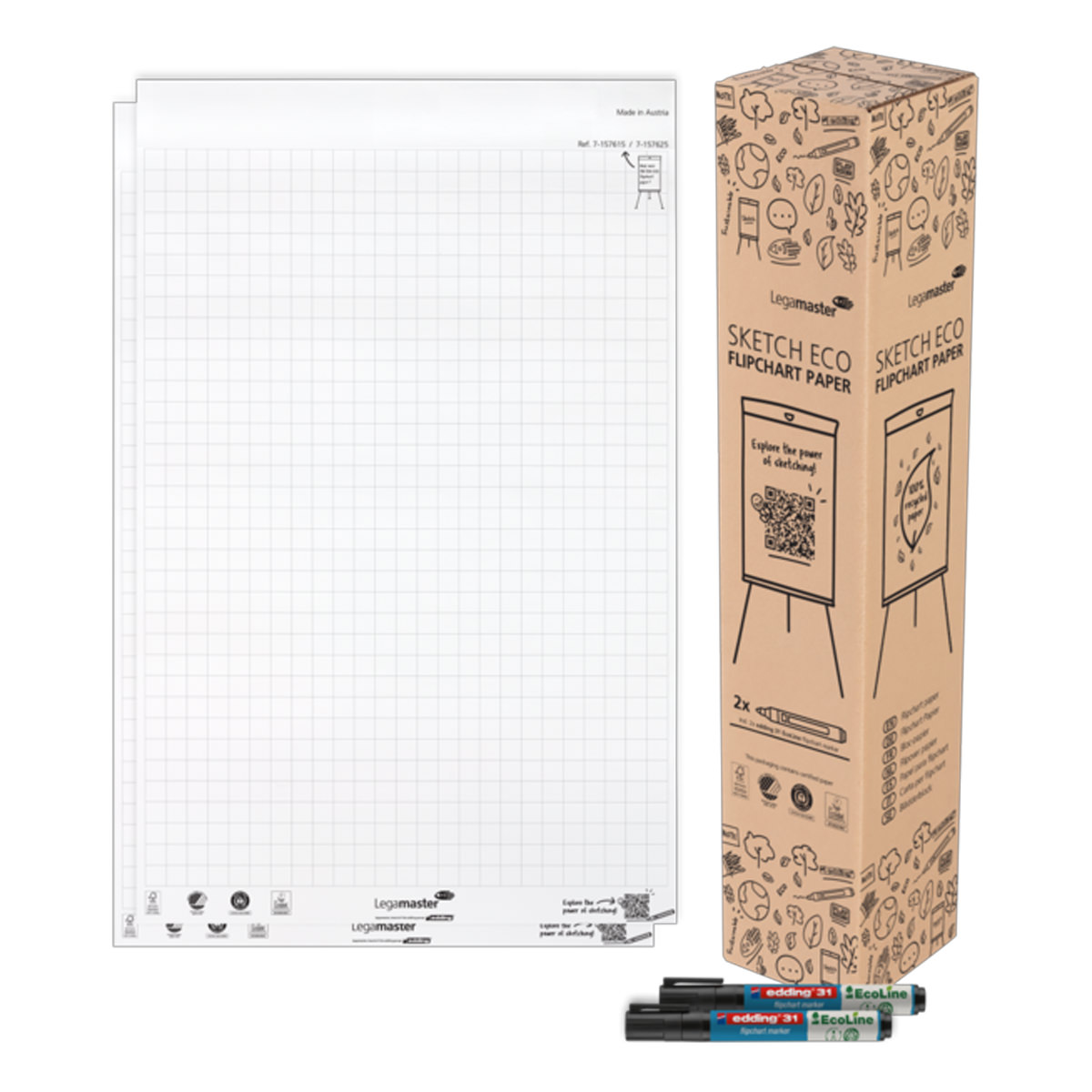 Legamaster 7-157625 Flipchart-Papierblock SKETCH ECO, Raster, 2x 50 Blatt