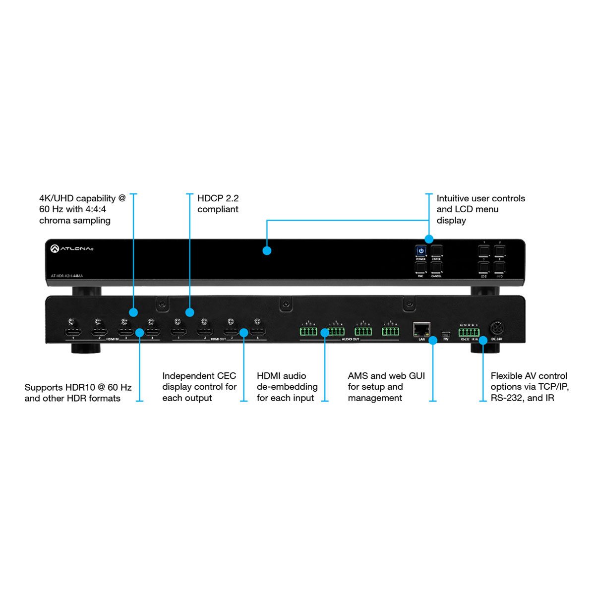Atlona AT-HDR-H2H-44MA HDMI Matrix, 4x4, HDMI 2.0 