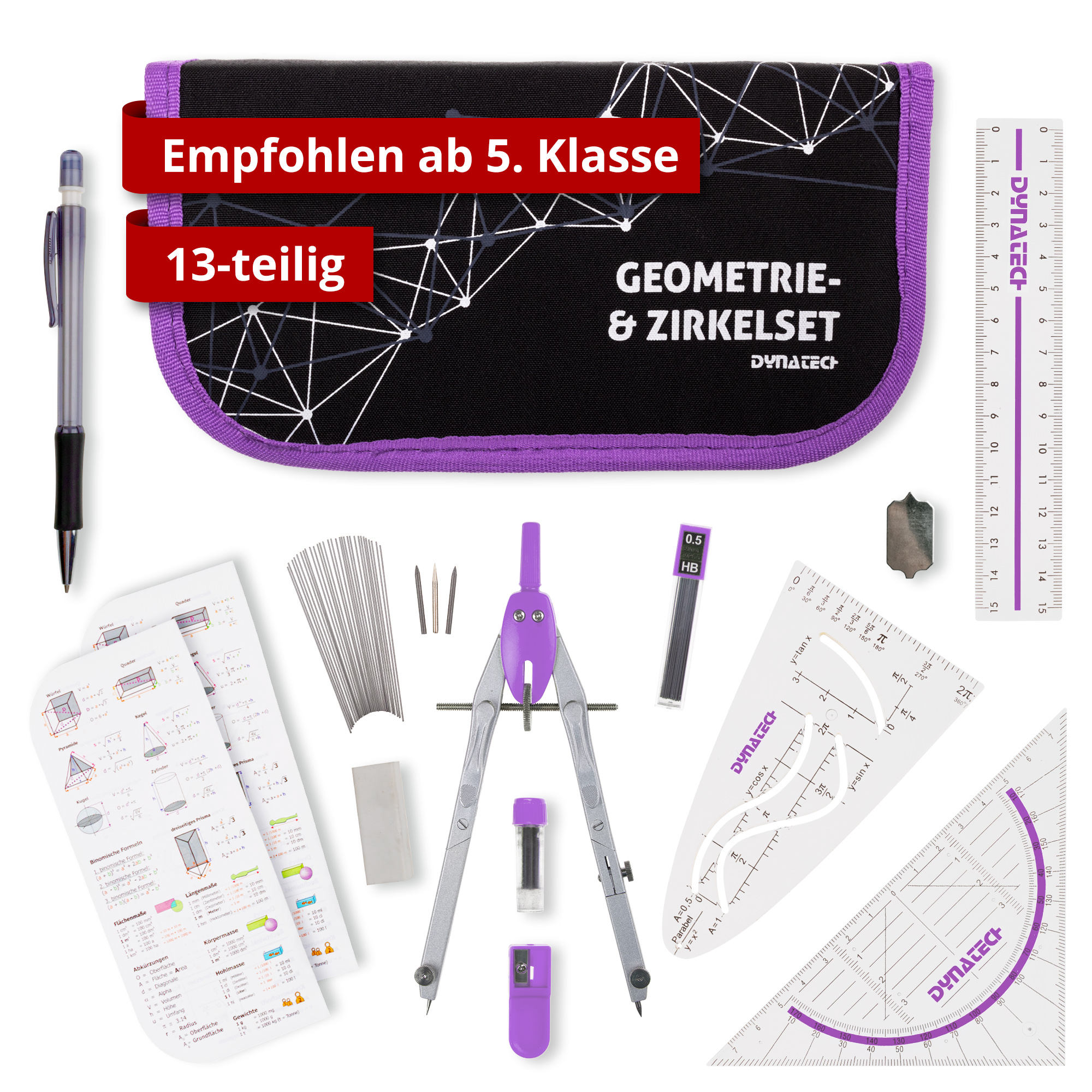 DynaTech Schnellverstellzirkel violett inkl. 2 Ersatzminen, Etui & 10 weiteren Zubehörartikeln