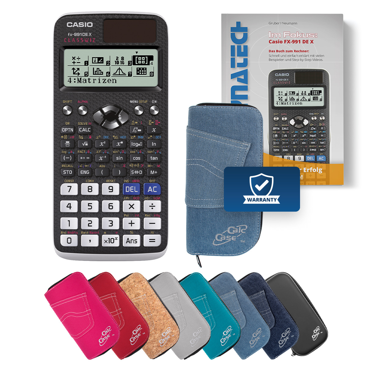Casio FX-991 DE X Schulrechner mit Schutztasche hellblau und Fachbuch 