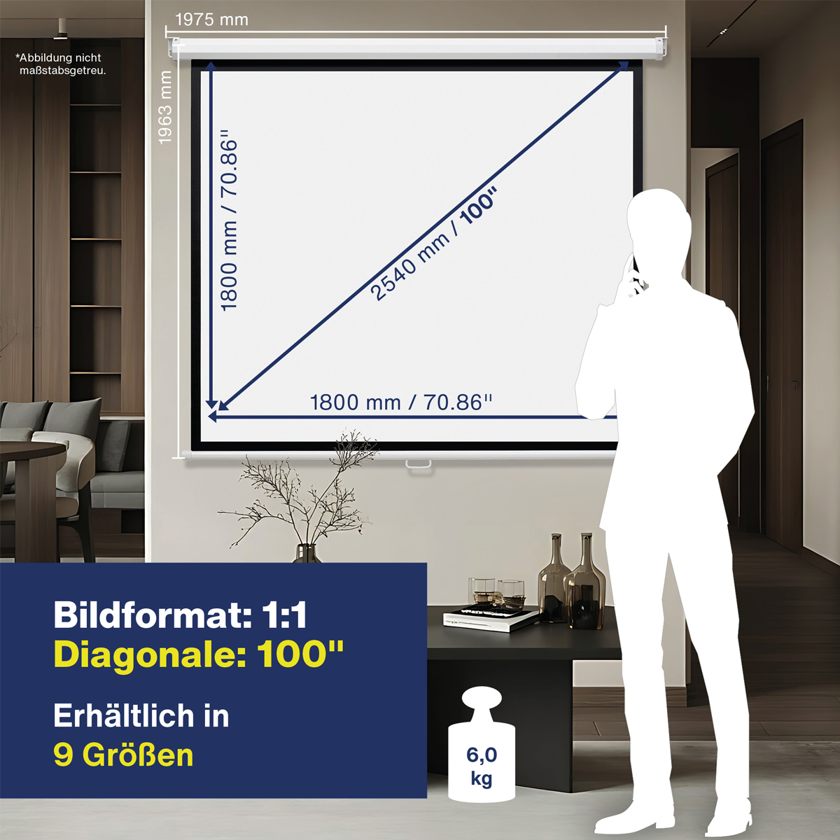 Magnetoplan Rollo-Leinwand manuell 180cm x 180cm 1:1, Rückseite schwarz 
