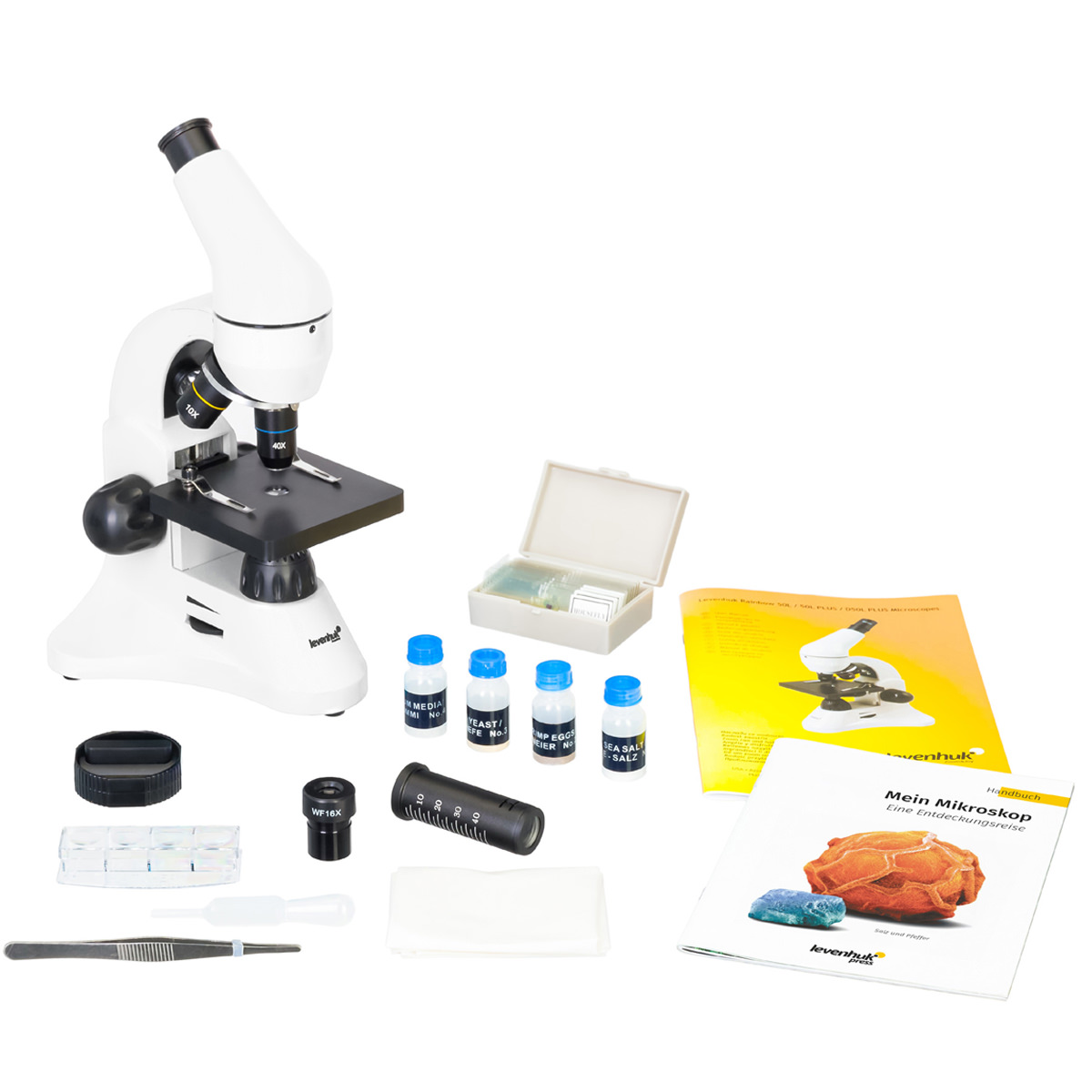 Levenhuk Rainbow 50L PLUS Mikroskop Moonstone  64 - 1280 fach, 2 LED Beleuchtungssysteme, Experimentierset inkl., Netz- bzw. Batteriebetrieb