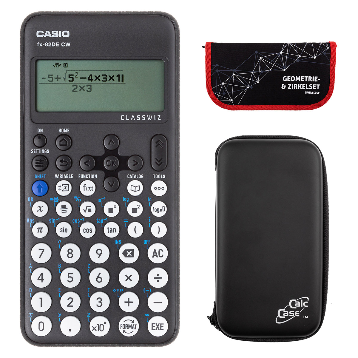 Casio FX-82 DE CW mit CalcCase-Schutztasche, und Zirkelset rot