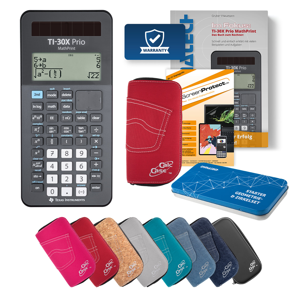 TI-30X Prio MP Rechner mit Tasche rot, Schutzfolie, Buch & Zirkel Set 