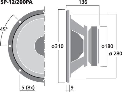 MONACOR SP-12/200PA PA-Tiefmitteltöner, 200 W, 8 O