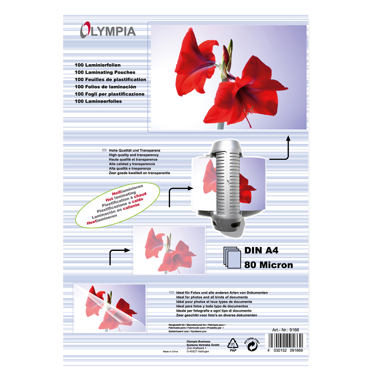 Olympia 9166 Laminierfolien DIN A4, 80µ, 100er Pack hochtransparent, hohe Qualität