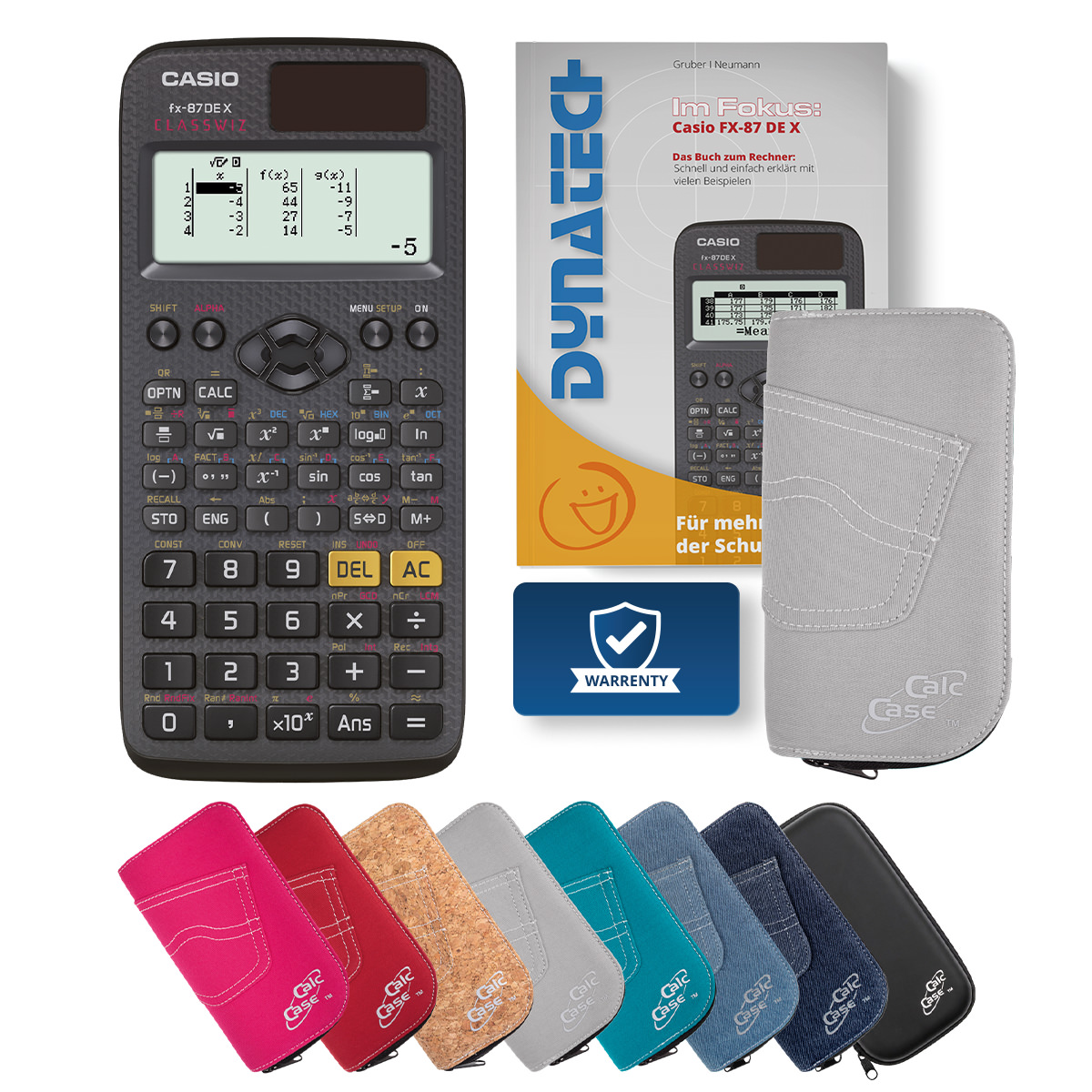 Casio FX-87 DE X Schulrechner, Schutztasche hellgrau & Fachbuch 