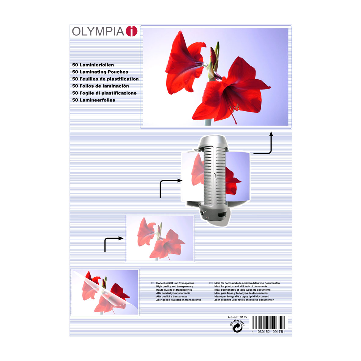 Olympia 9174 Laminierfolien DIN A3, 80µ, 50er Pack hochtransparent, hohe Qualität