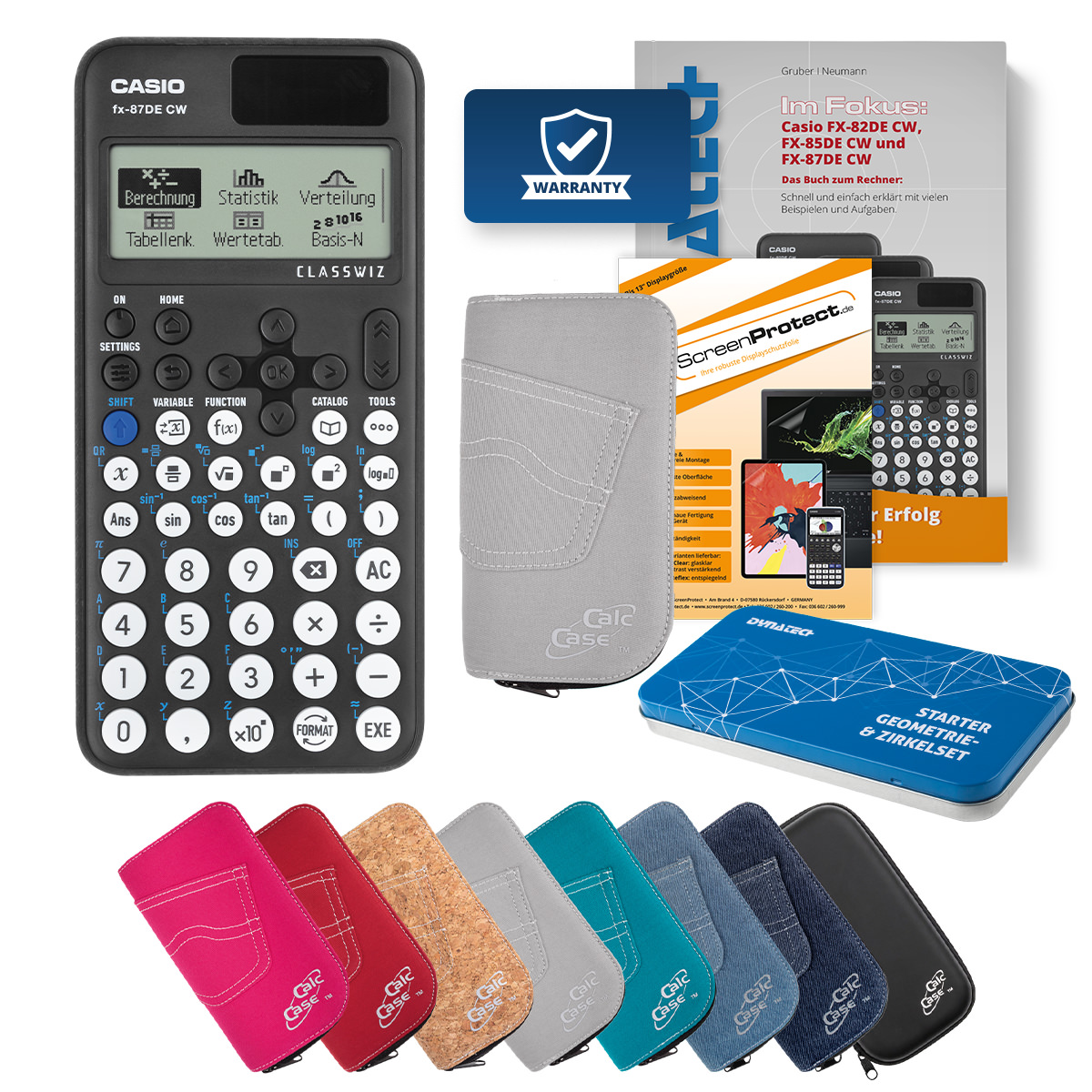 Casio FX-87 DE CW Rechner mit Tasche hellgrau, Schutzfolie, Buch & Zirkel Set 
