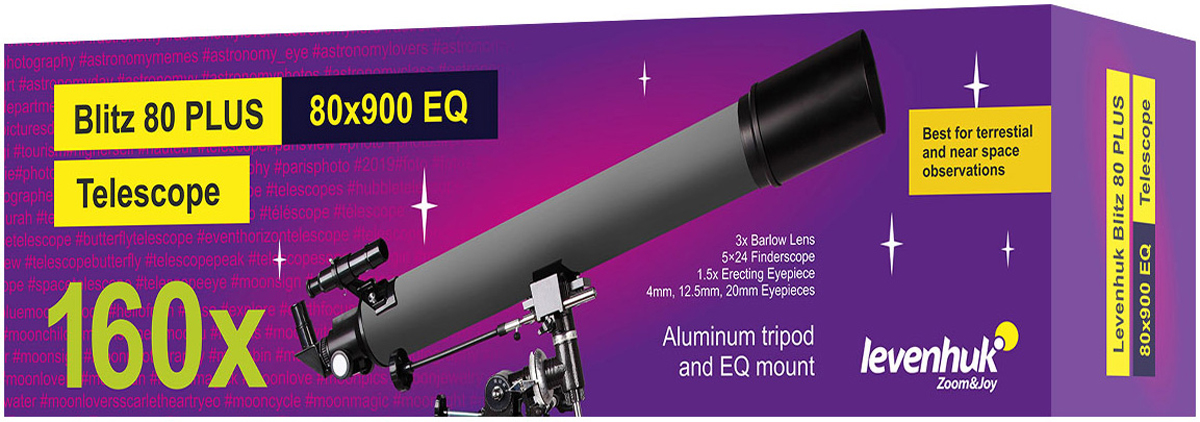 Levenhuk Blitz 80 PLUS Telescope 160x, Refraktor mit 900 mm Brennweite, f/11, äquatorial 