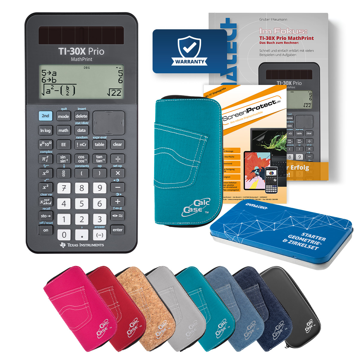 TI-30X Prio MP Rechner mit Tasche türkis, Schutzfolie, Buch & Zirkel Set 