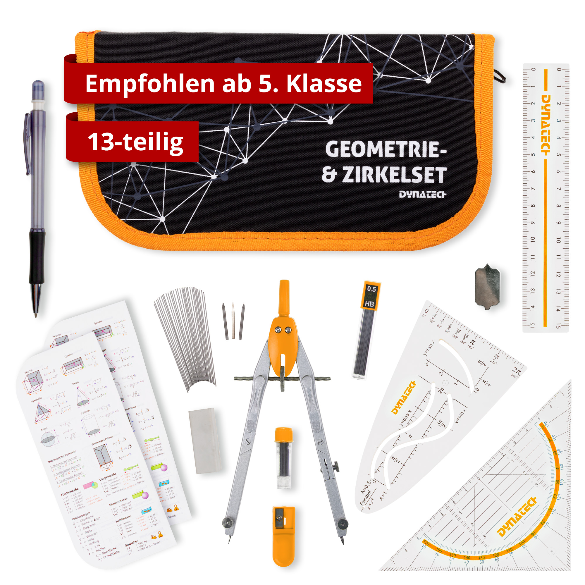DynaTech Schnellverstellzirkel orange inkl. 2 Ersatzminen, Etui & 10 weiteren Zubehörartikeln
