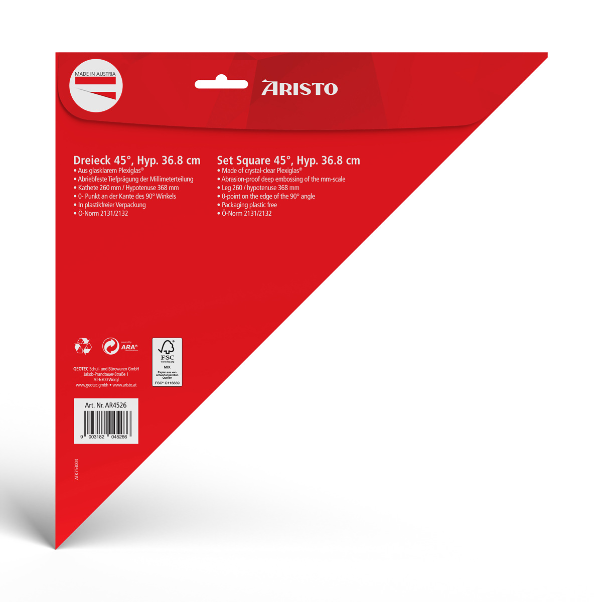 Aristo Dreieck 45 Grad ohne Facette Hypotenuse 36,8 cm, Teilung 26 cm 