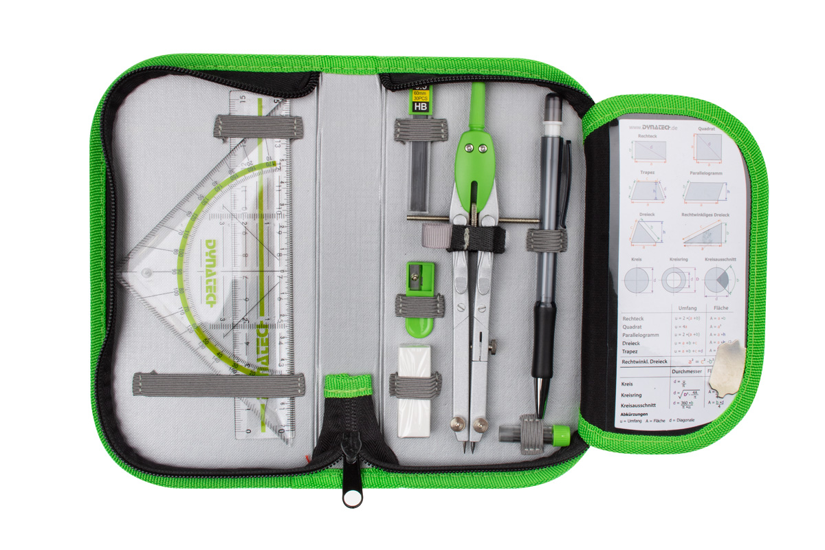 DynaTech Geometrie- und Zirkelset (13-teilig) Etui mit Reißverschluss in grün