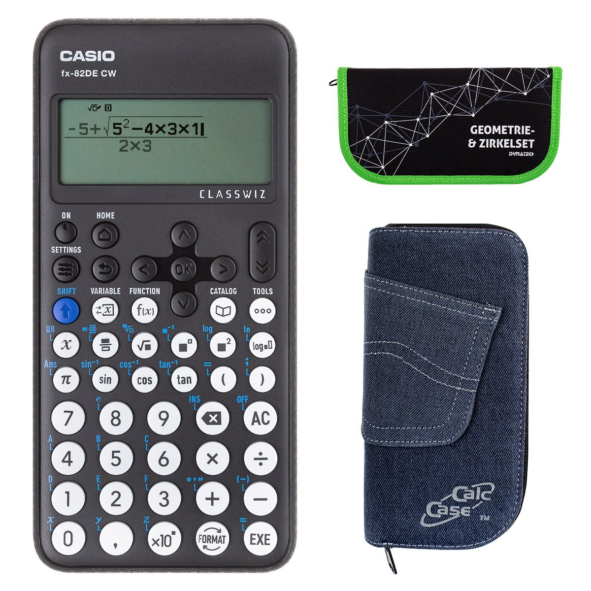 Casio FX-82 DE CW mit Jeans-Tasche dunkelblau, und Zirkelset grün