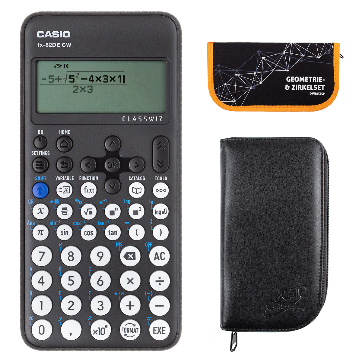 Casio FX-82 DE CW mit schwarzer Tasche, und Zirkelset orange