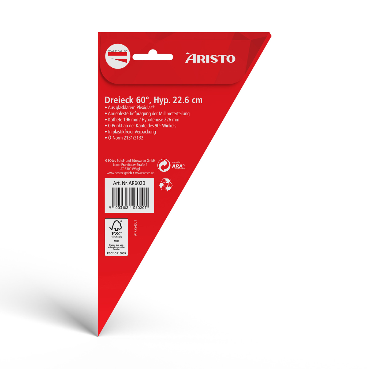 Aristo Dreieck 60 Grad ohne Facette Hypotenuse 22,6 cm, Teilung 19,6 cm 