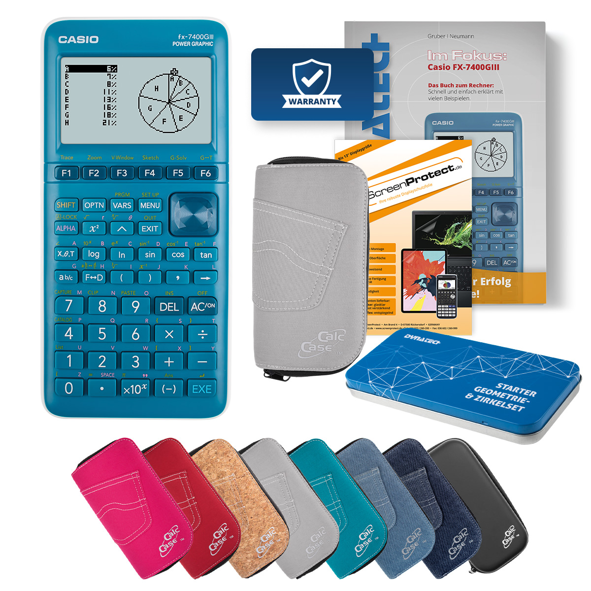 Casio FX-7400 G III Rechner mit Tasche hellgrau, Folie, Fachbuch, Zirkel Set 