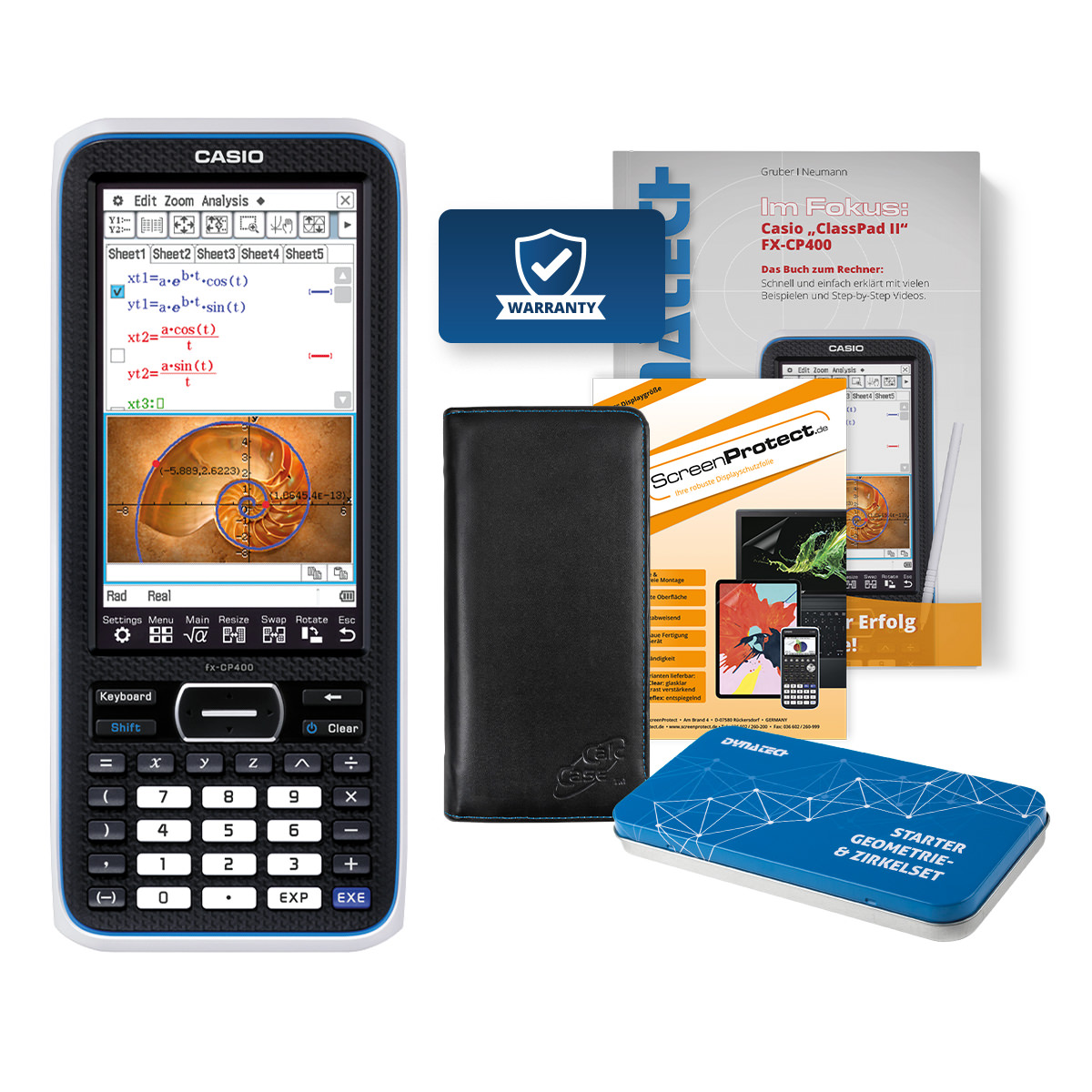 Casio FX-CP400 CAS Grafikrechner mit Tasche, Schutzfolie, Fachbuch & Zirkel Set 