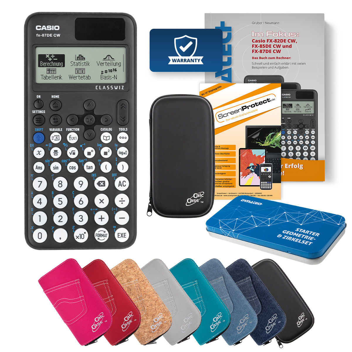 Casio FX-87 DE CW Schulrechner Deluxe Bundle mit Tasche, Schutzfolie, Fachbuch & Zirkel Set 