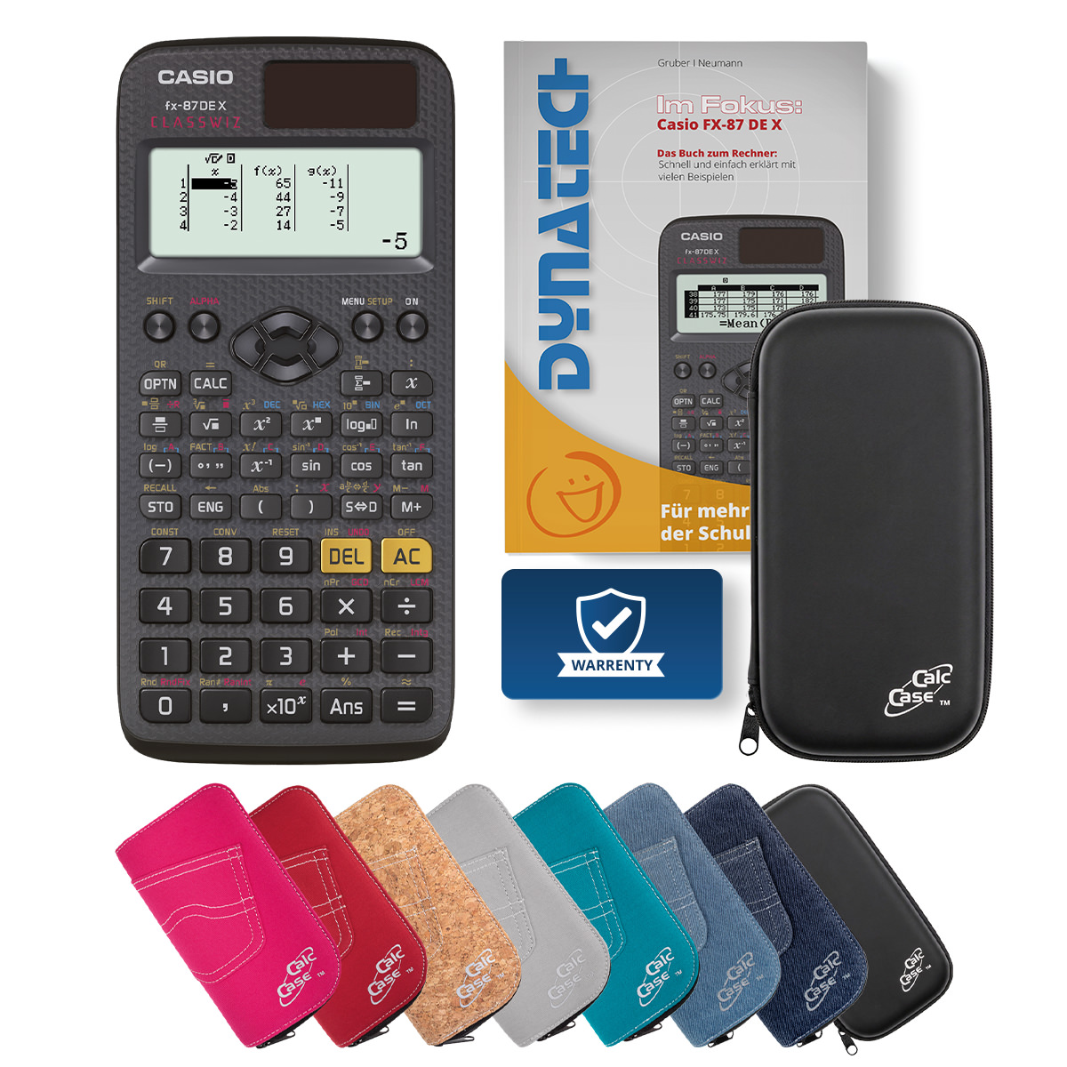 Casio FX-87 DE X Schulrechner, Schutztasche schwarz & Fachbuch 