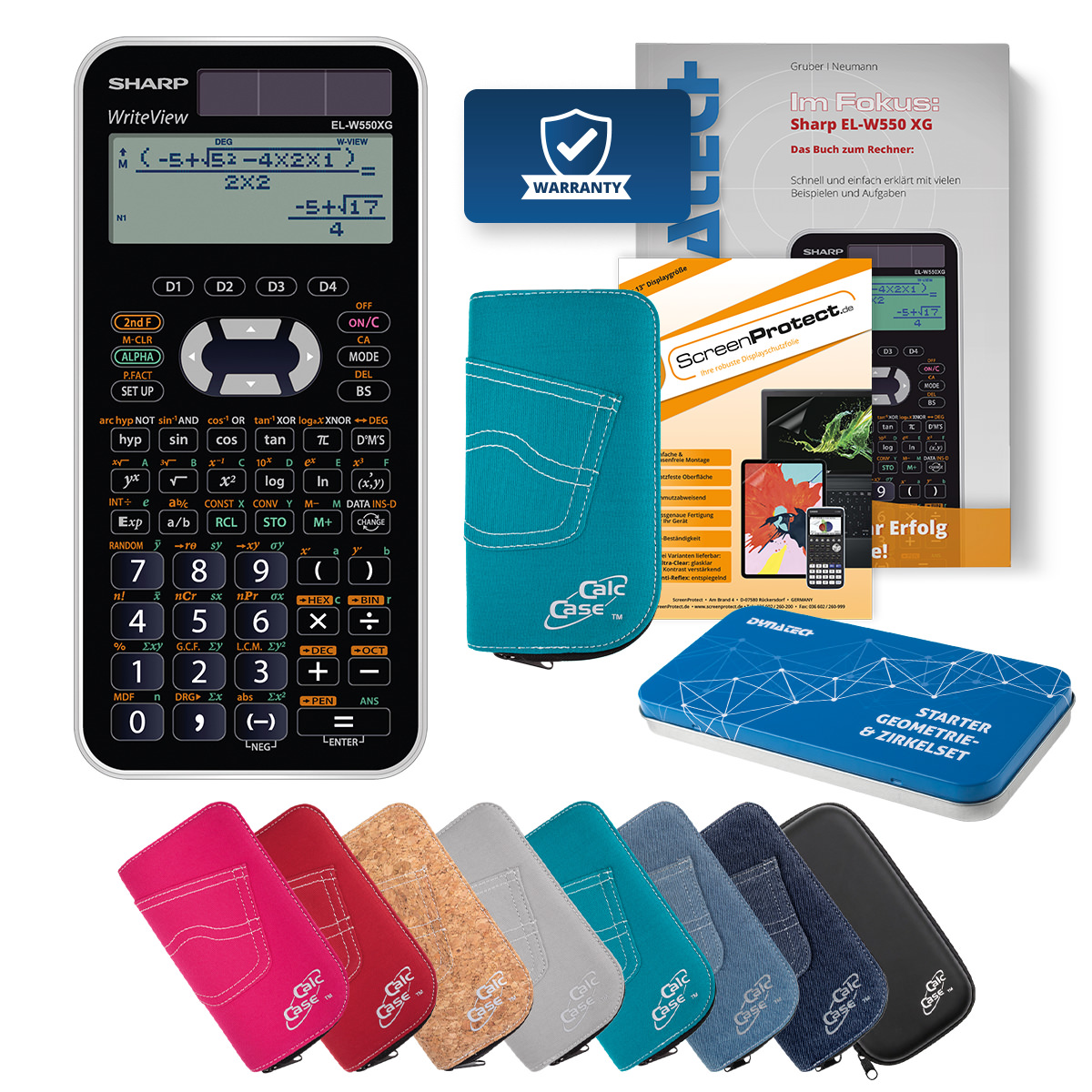 Sharp EL-W550 XG Rechner mit Tasche türkis, Schutzfolie, Fachbuch & Zirkel Set 
