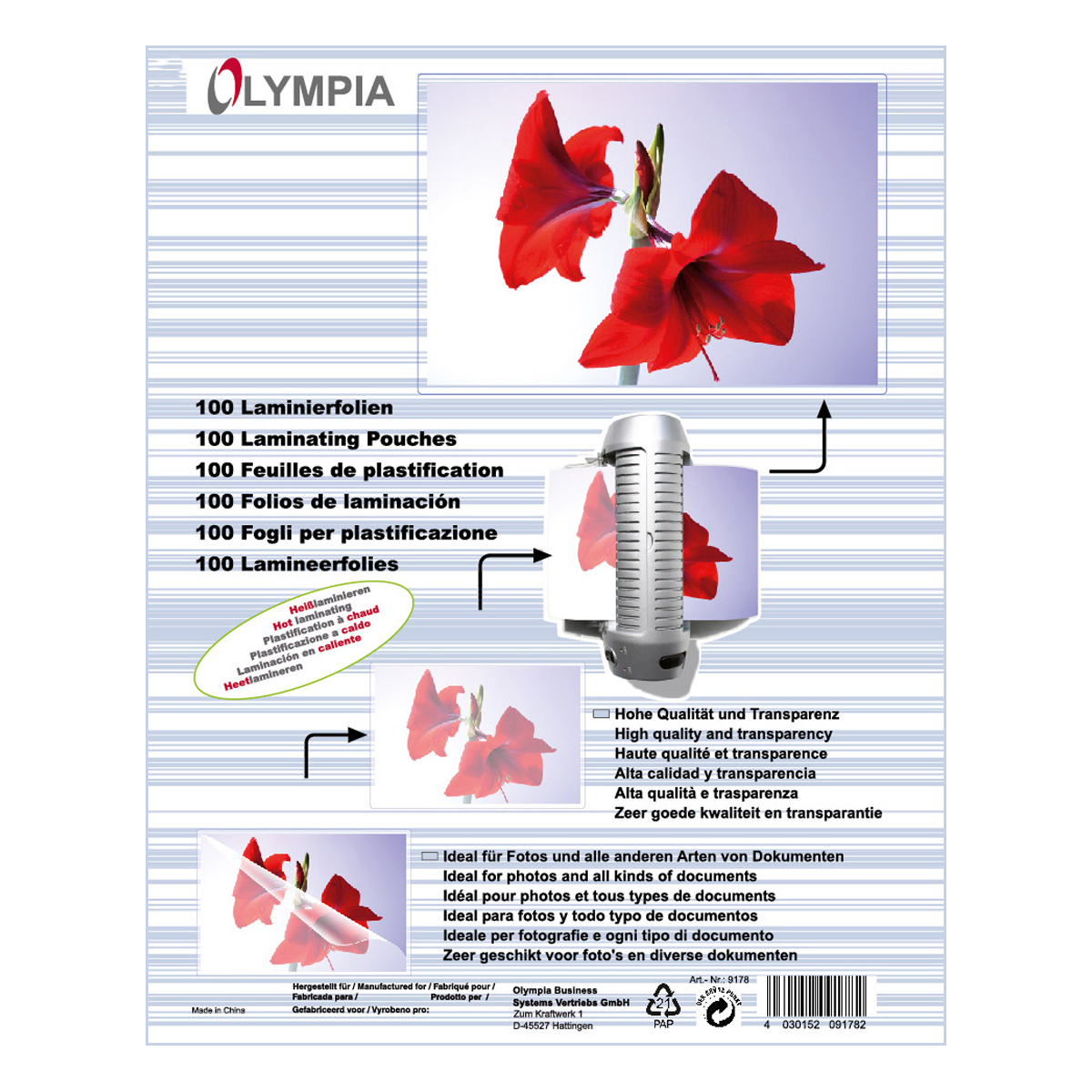Olympia 9178 Laminierfolien DIN A6, 125µ, 100er Pack, hochtransparent, hohe Qualität