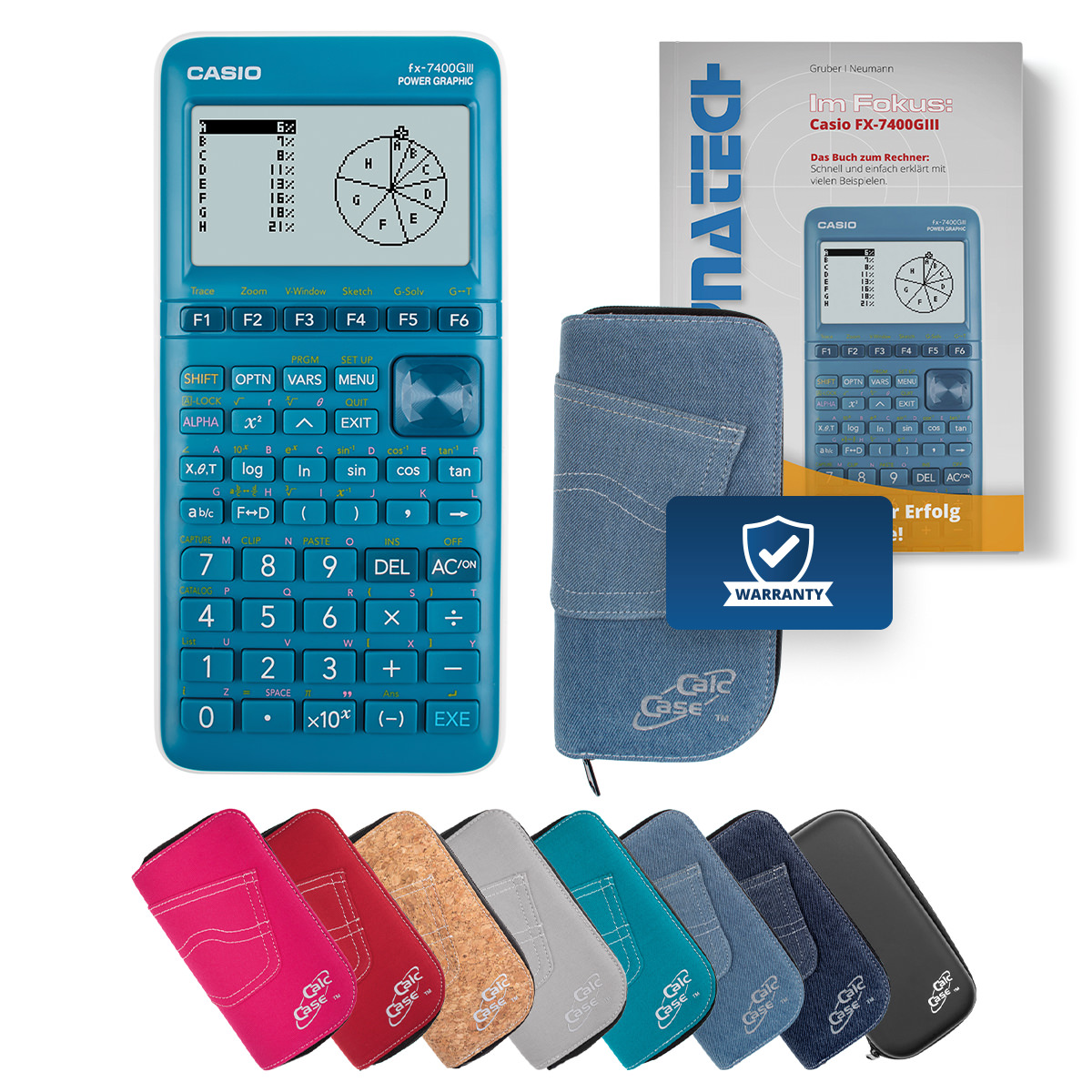 Casio FX-7400 G III Grafikrechner mit Schutztasche hellblau und Fachbuch 