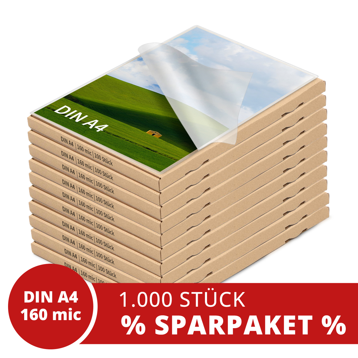 Laminiertaschen A4, 2x 80 mic je Seite, glänzend Spar-Pack aus 10 Kartons mit je 100 Stück