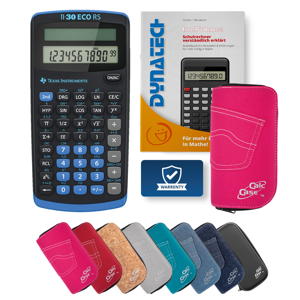 TI-30 ECO RS Schulrechner mit Schutztasche pink und Fachbuch 