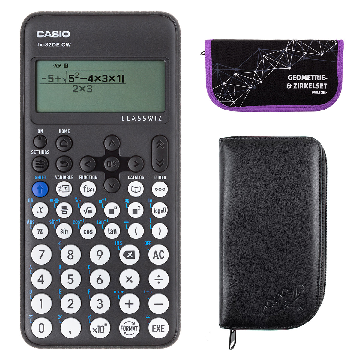 Casio FX-82 DE CW mit schwarzer Tasche, und Zirkelset lila