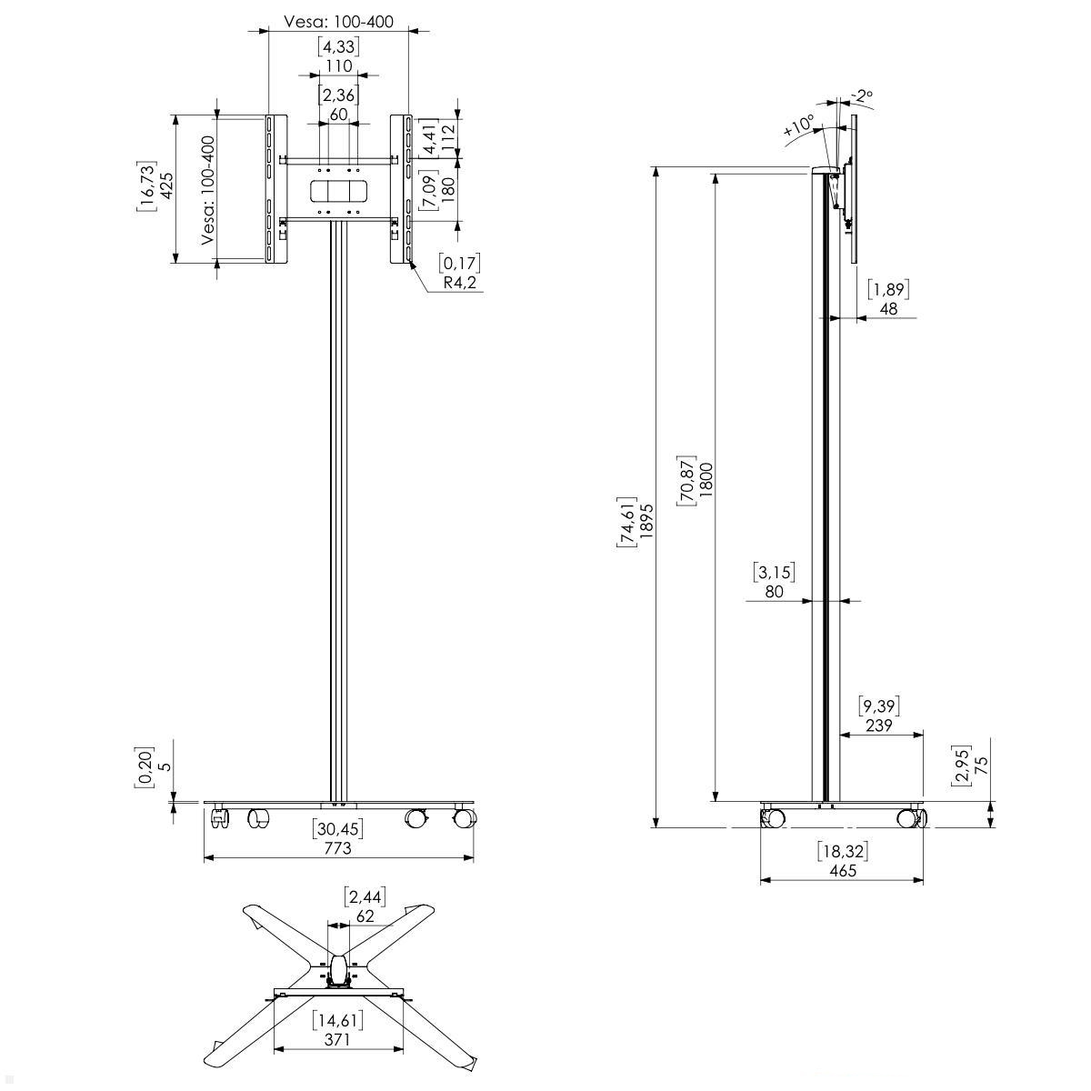 SMS Displayhalterung, für Displays bis 50'', 1800 mm Höhe, 25 kg Tragkraft, schwarz 
