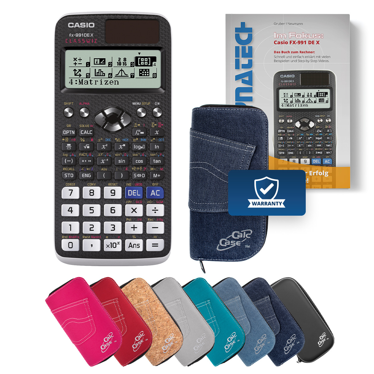 Casio FX-991 DE X Schulrechner mit Schutztasche dunkelblau und Fachbuch 