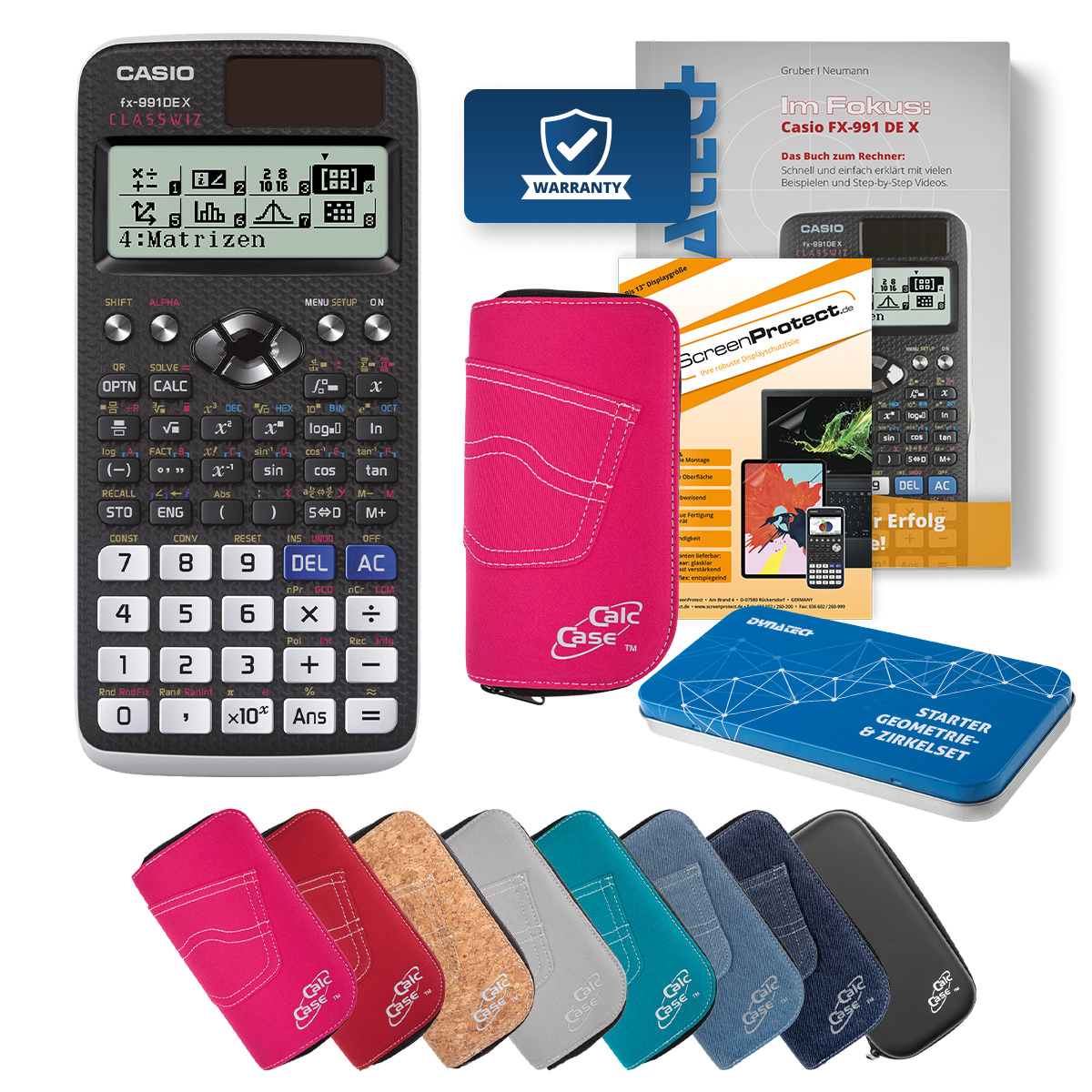 Casio FX-991 DE X Rechner mit Tasche pink, Folie, Fachbuch und Zirkel Set 