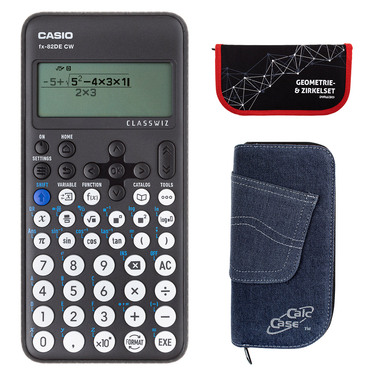 Casio FX-82 DE CW mit Jeans-Tasche dunkelblau, und Zirkelset rot