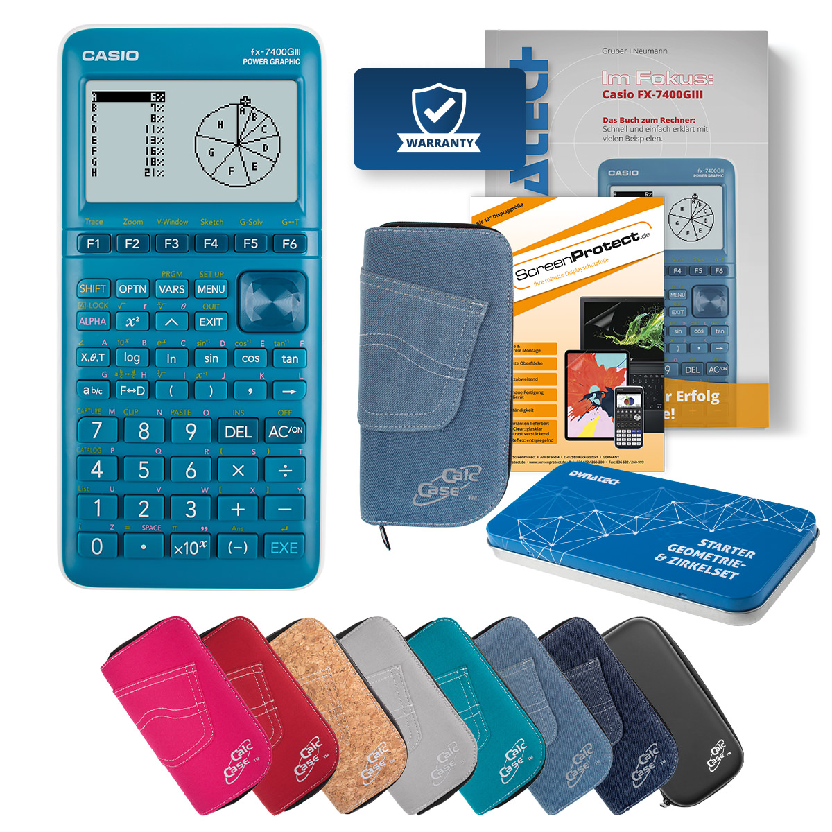 Casio FX-7400 G III Rechner mit Tasche hellblau, Folie, Fachbuch, Zirkel Set 
