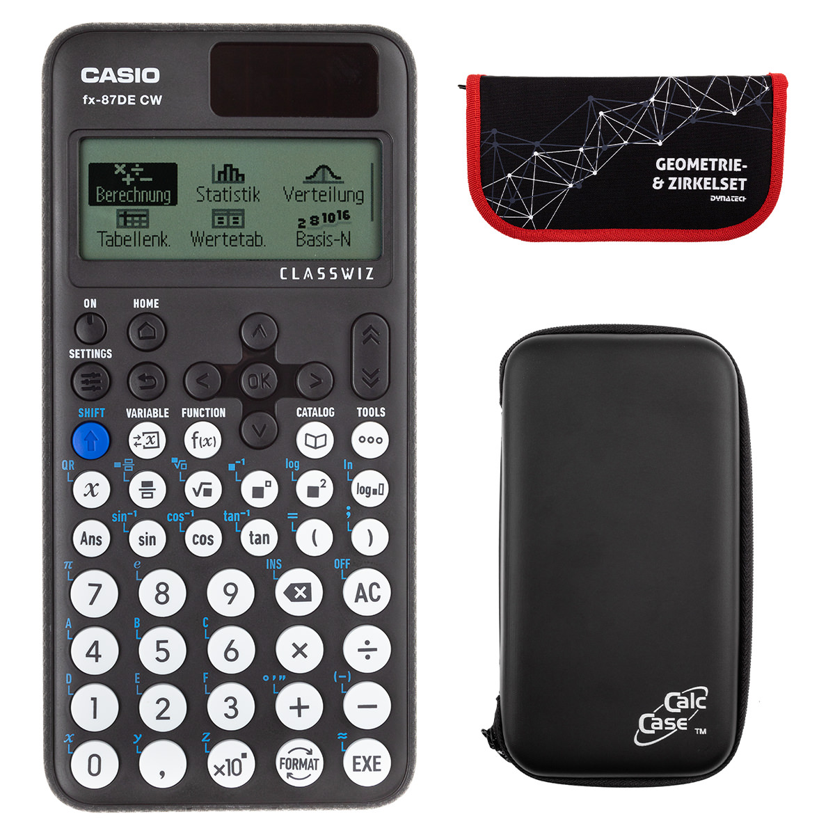 Casio FX-87 DE CW mit CalcCase-Schutztasche und Zirkelset rot