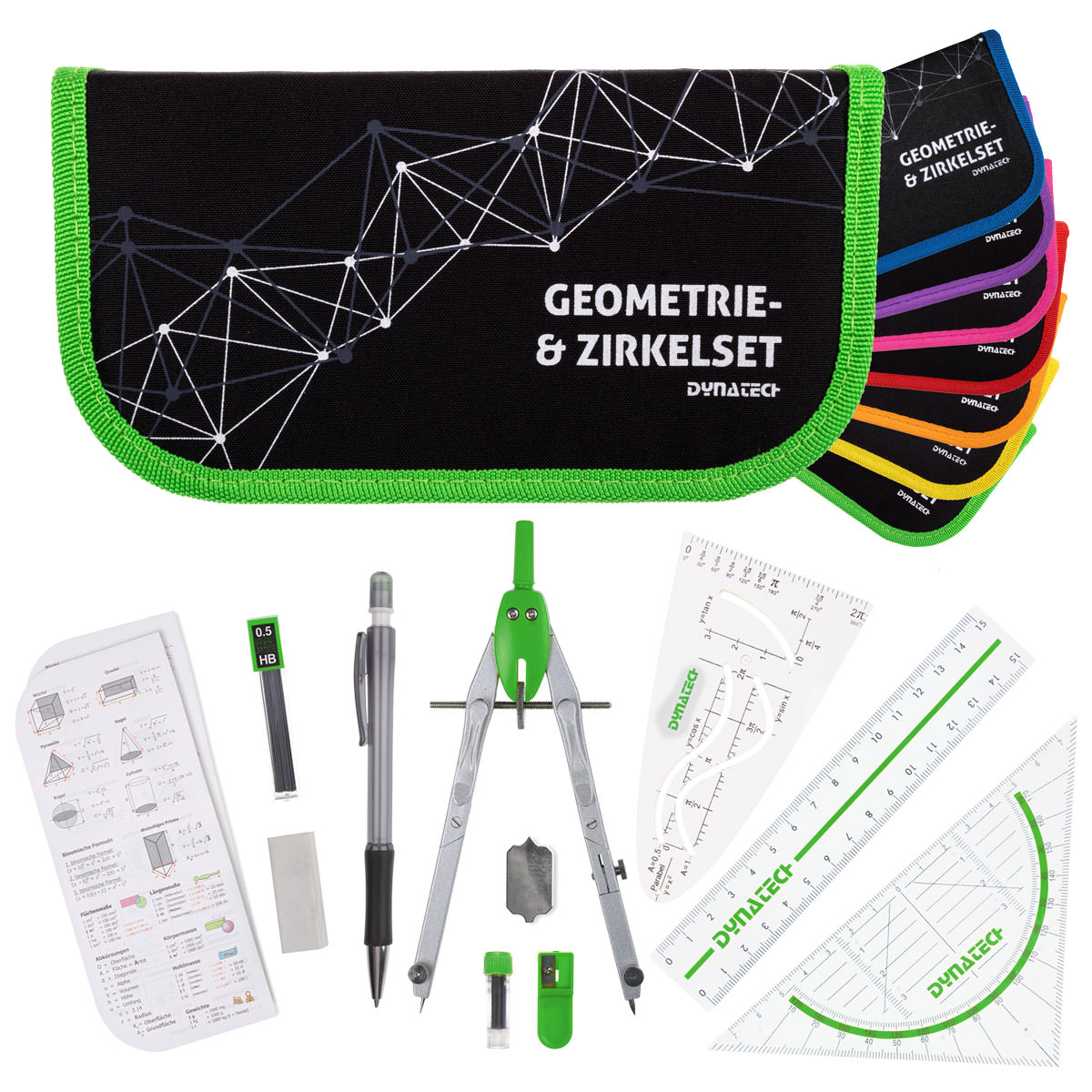 DynaTech Geometrie- und Zirkelset (13-teilig) Etui mit Reißverschluss in grün