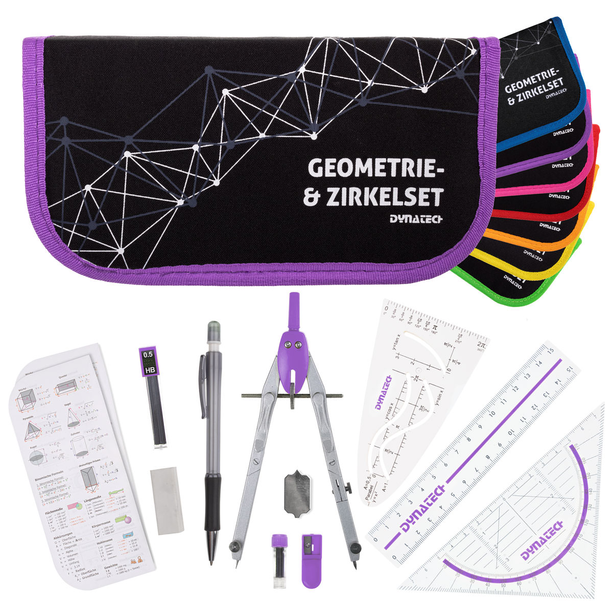 DynaTech Geometrie- und Zirkelset (13-teilig) Etui mit Reißverschluss in violett