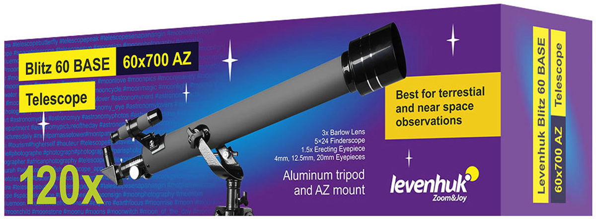 Levenhuk Blitz 60 BASE Telescope 120x, mit 700 mm Brennweite, f/11.6, Alt-azimutal 