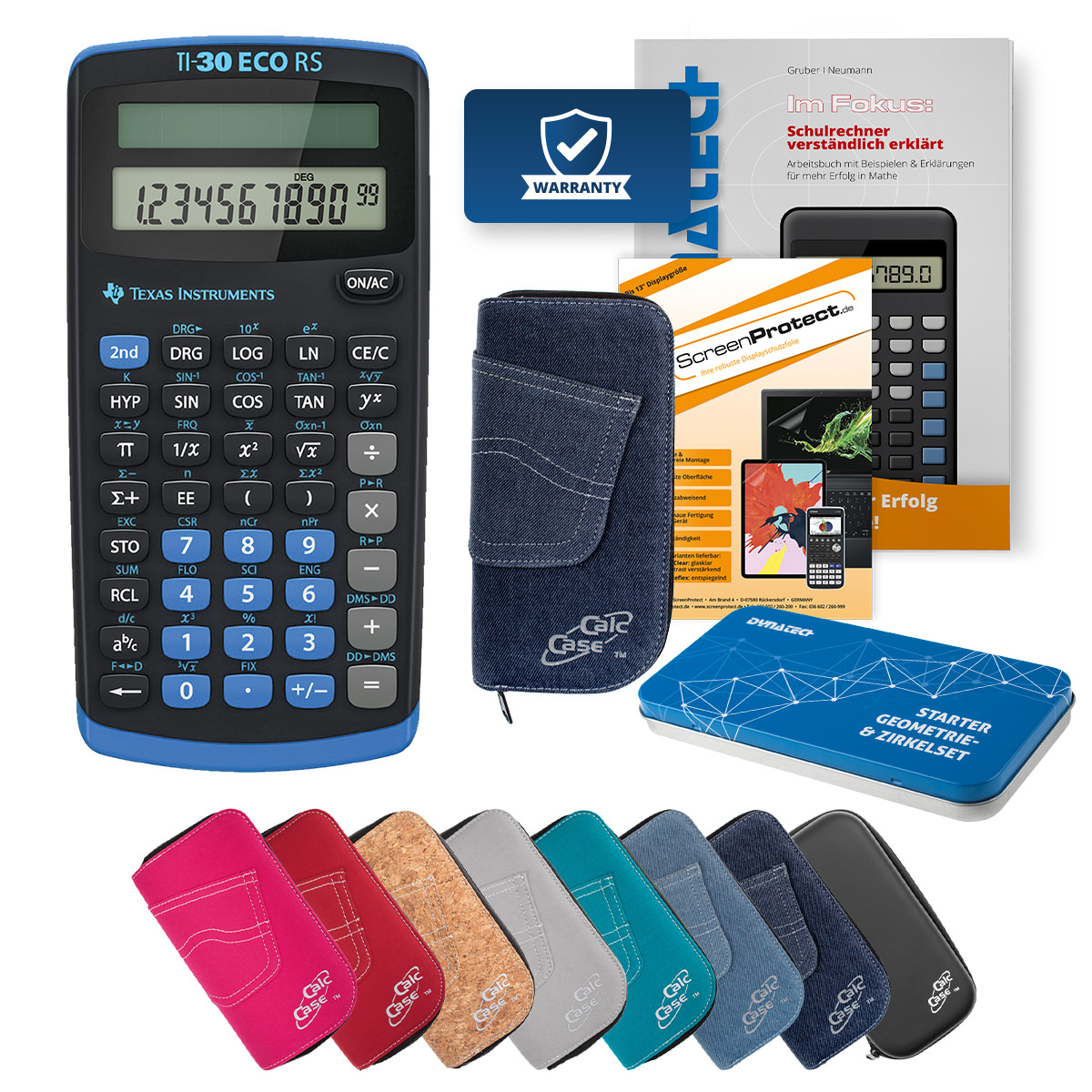 TI-30 ECO RS Rechner mit Tasche dunkelblau, Schutzfolie, Fachbuch & Zirkel Set 