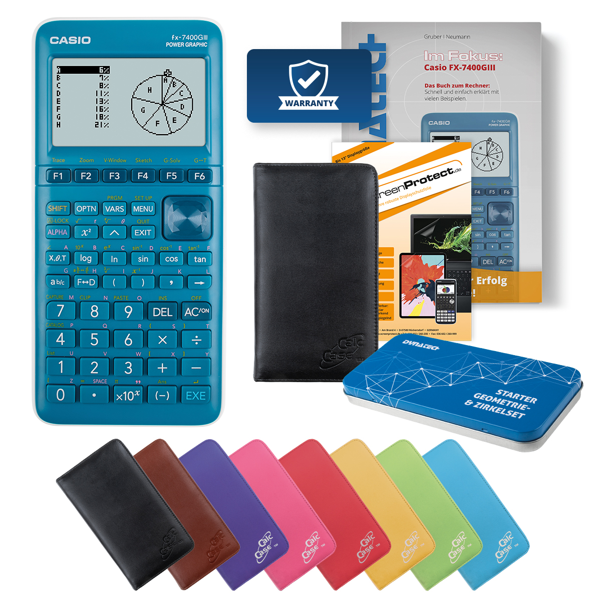 Casio FX-7400 G III Grafikrechner Deluxe Bundle mit Schutztasche, Schutzfolie, Fachbuch & Zirkel Set 